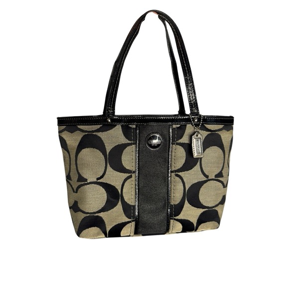 Coach Handbags - Coach Signature Stripe F48798 Black Hangbag Canvas Leather Elegant Design